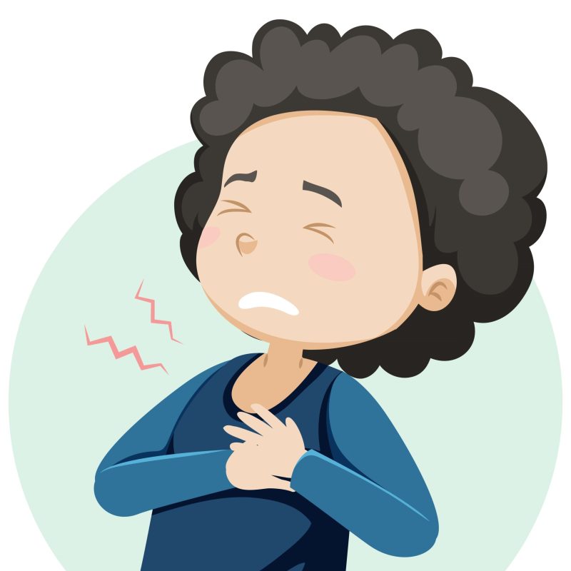 Cartoon character with chest pain symptoms